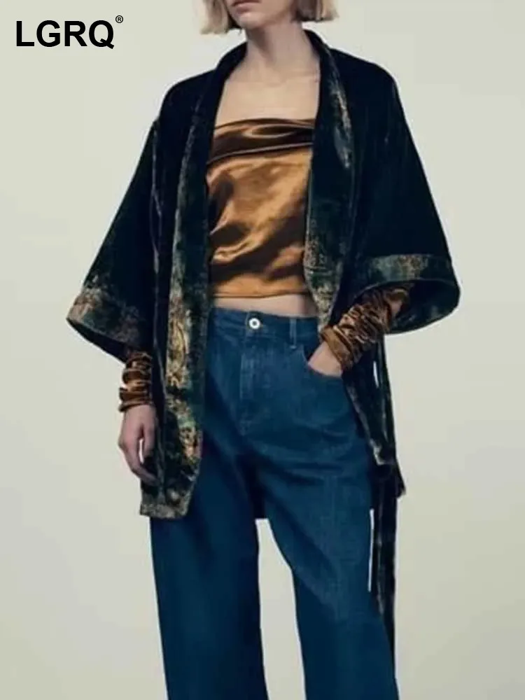 

LGRQ 2023 Модное Элегантное свободное дизайнерское пальто с поясом и завязкой на талии Женская Высококачественная трендовая куртка с принтом и коротким рукавом Новинка 19F4584