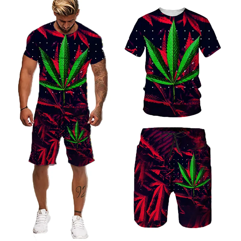 

Summer Man Sportswear 3D Plant Poisonous Weed Printed Set Men's T-shirts+Shors 2 Piece Tracksuit Short Sleeve Male Clothing Suit