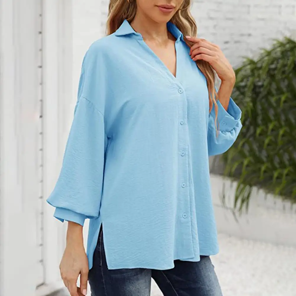 

Women Shirt Turn-down Collar Breathable Super Soft S to XL 3/4 Lantern Sleeve Solid Color Chiffon Casual Work Blouse Streetwear