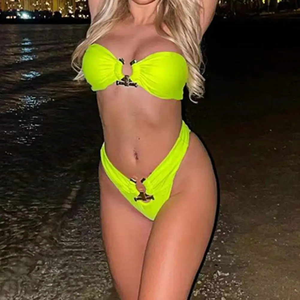 

Стильный летний купальник без бретелек, пляжная одежда, Женский комплект бикини с рюшами, женский купальный костюм