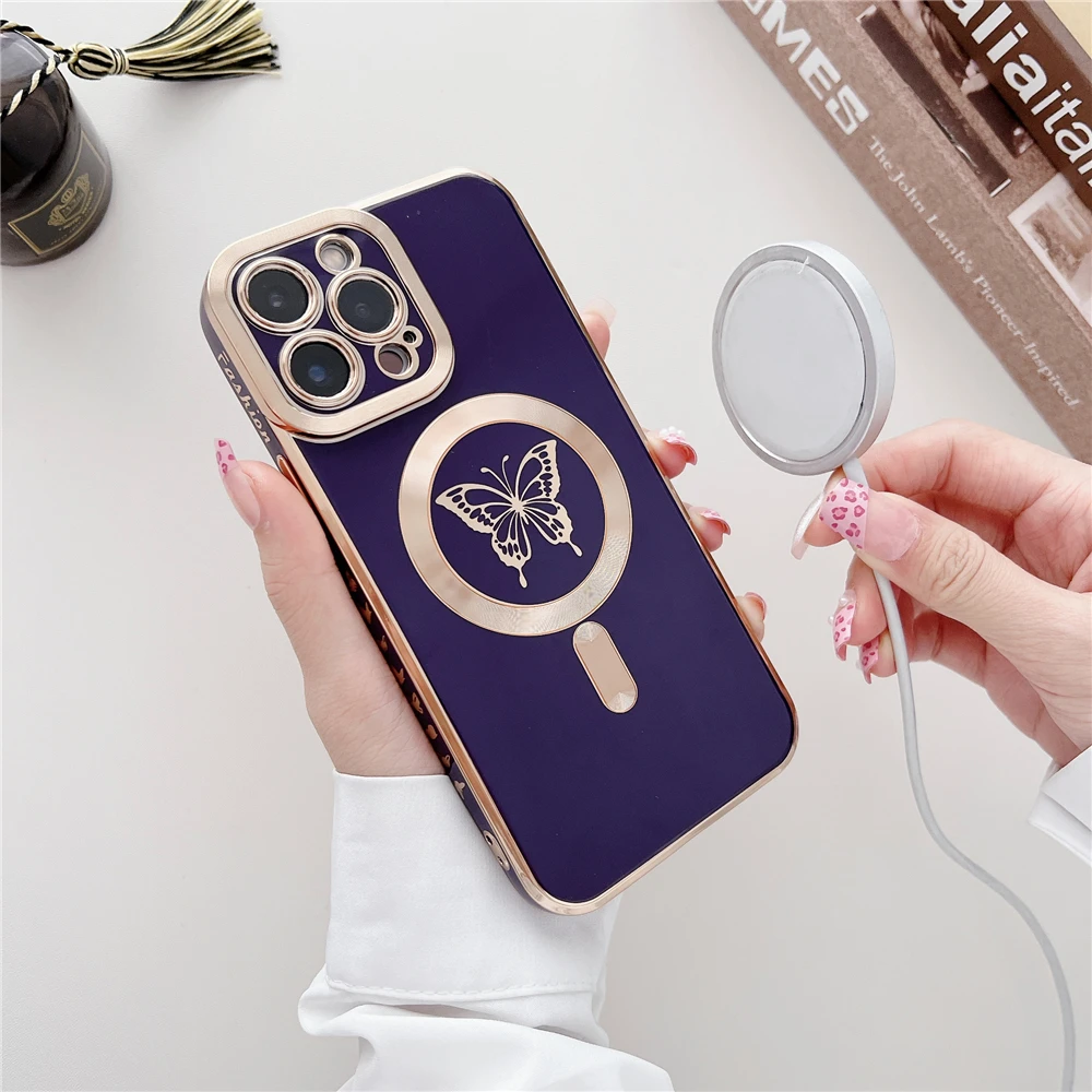 

Luxury Butterfly Magnetism MagSafe Wireless Charge Case for iPhone 11 12 13 14 Pro Max Plating Gold Square Edge Protective Cover