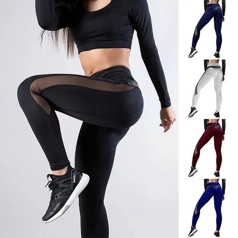 

2022 New Female Yoga Pants Sexy Mesh PU Stitching Hip Lift Pants Leggings Breathable Gym Fitness Push Up Clothing Girl Yoga Pant