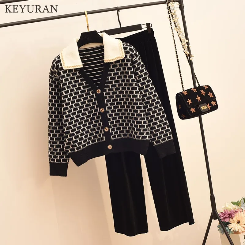 

Женский трикотажный костюм-двойка, вязаный кардиган с поясом на резинке и прямые широкие брюки, Осень-зима 2022