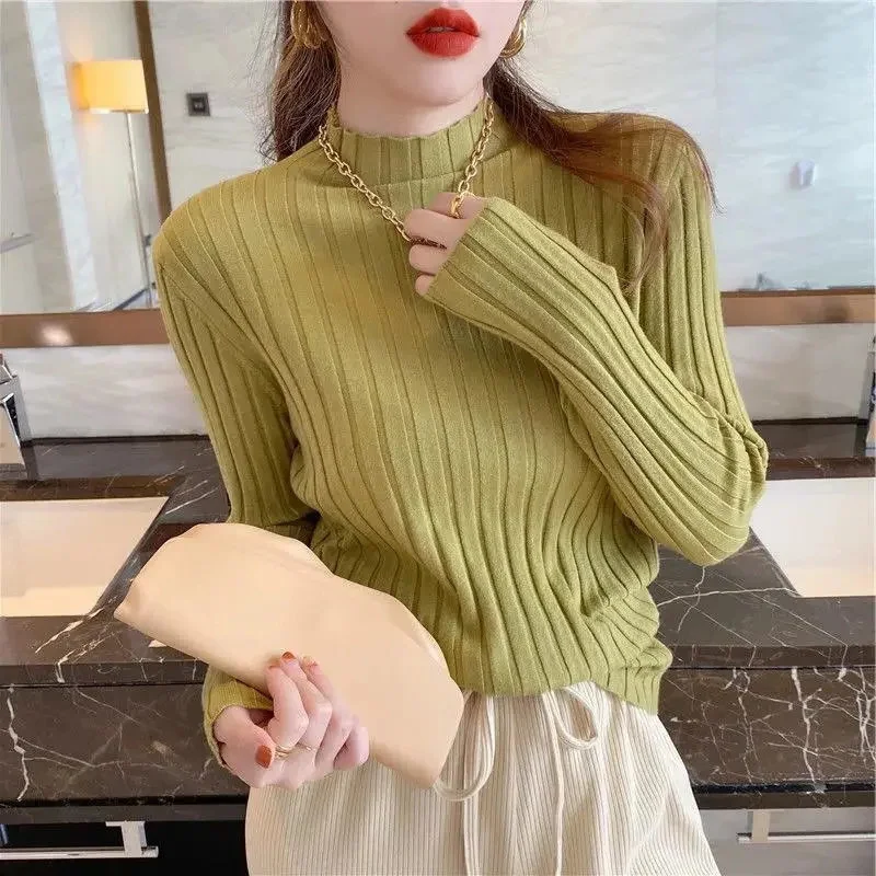 

2023 Pullover Ribbed Knitted Sweater Autumn Winter Clothes Women High Neck Long Sleeve Slim Basic Woman Sweaters Tops