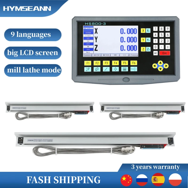 

HS800-3 3 Axis LCD DRO Set Digital Readout System Display and 5U Linear Scale Optical Encoder Ruler 50-1000mm for Lathe Milling