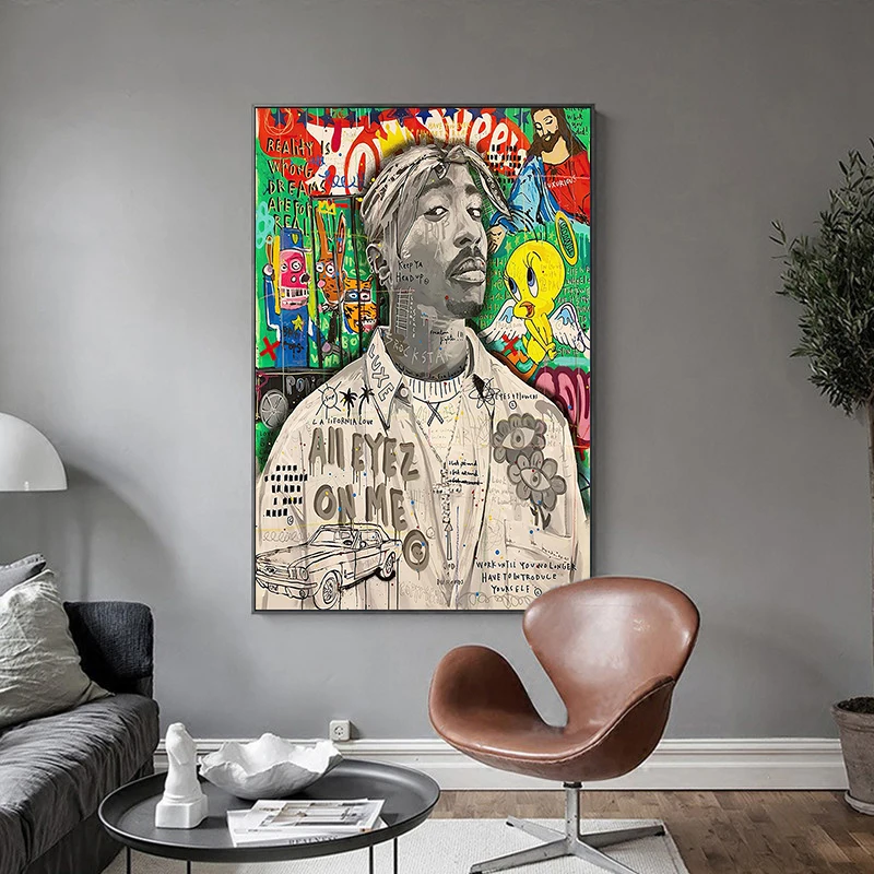 

Pop Art Hip Hop Singer Tupac Shakur Graffiti Canvas Painting Portrait Posters and Prints Wall Art Picture for Room Home Decor