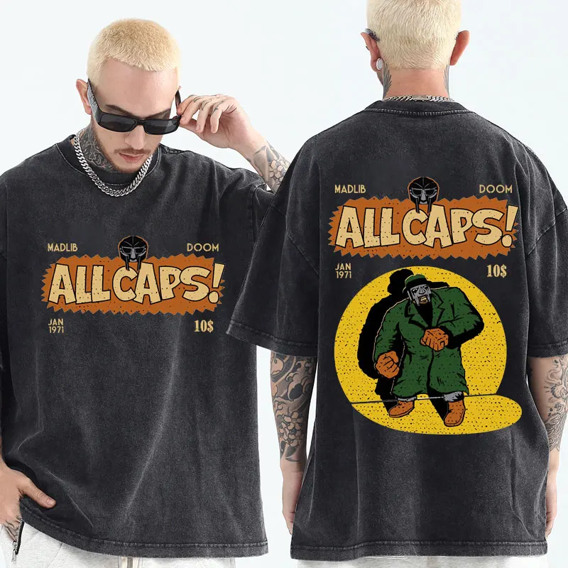 

Rapper Mf Doom All Caps Madlib Madvillain T Shir Crewneck Hip Hop Oversized Vintage Wash T-shirts Unisex Washed Black Tees Men