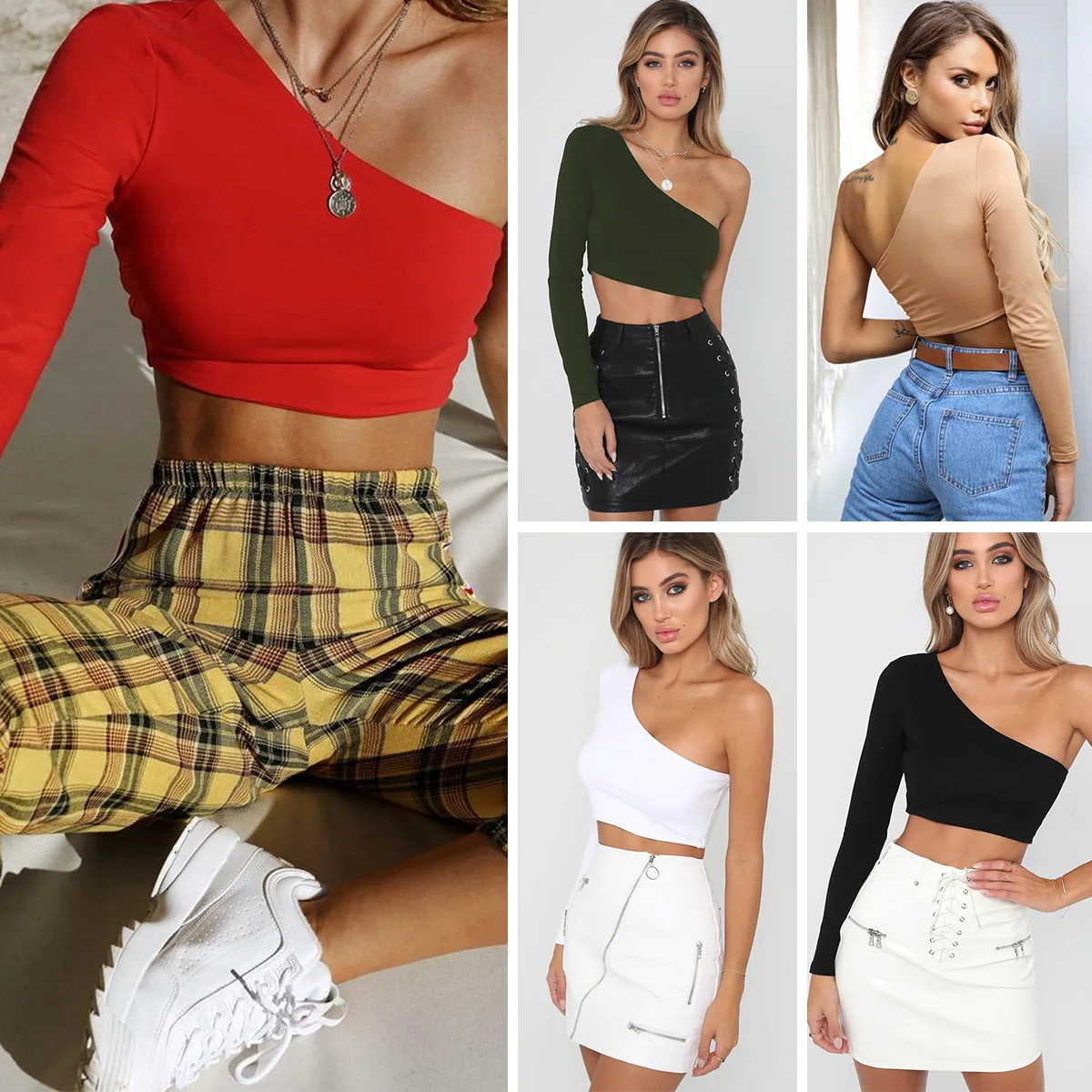 

2022 Summer Sexy Women's Slanted Shoulder Long-sleeved Crop Top