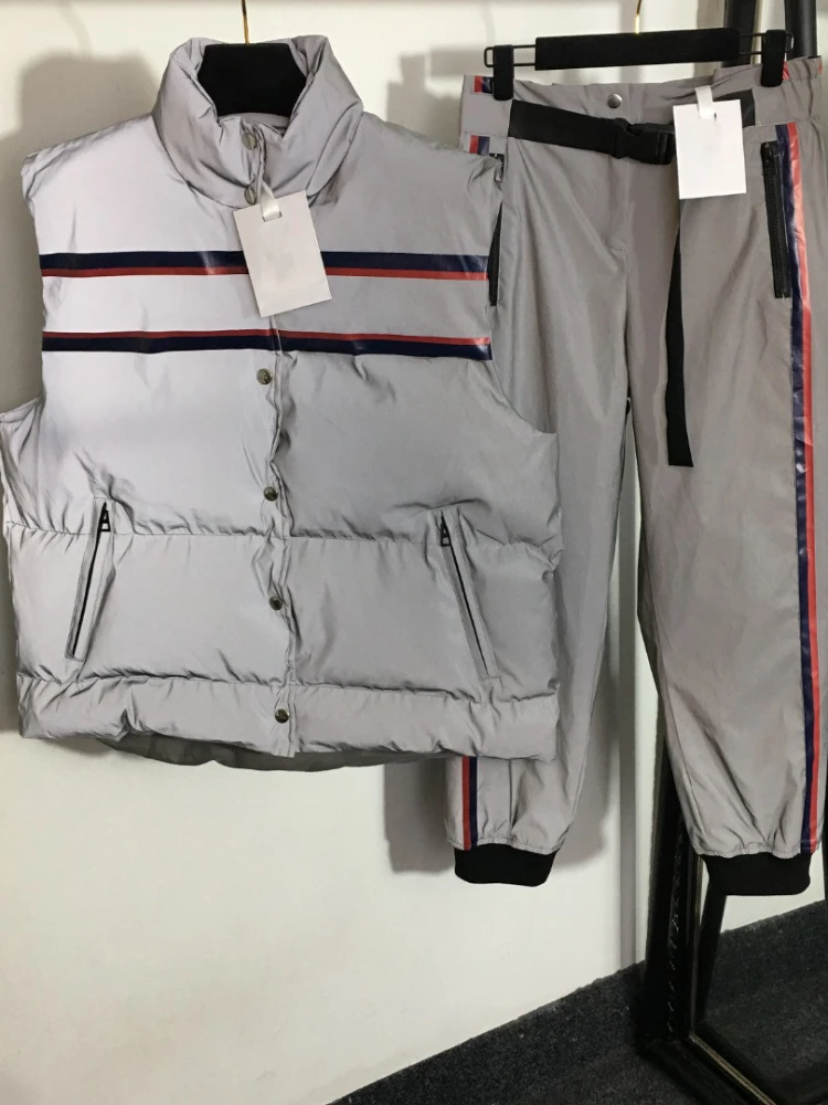 

Sexy Midnight Clubewear Reflective Two Piece Sets Top And Pants Women High Street Down Vest Jacket Coats+Cargo Pants Co-ord Set