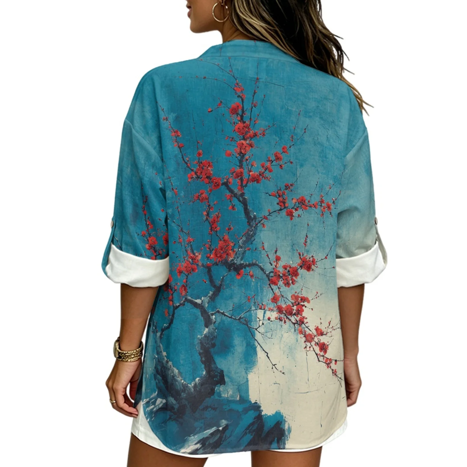 Фото Женская блузка PENSTROLL Red Blossom Tree из ткани, имитирующей лен, для пляжного отдыха, с боковым разрезом по краю, пляжные топы, женские топы с длинным рукавом. №3