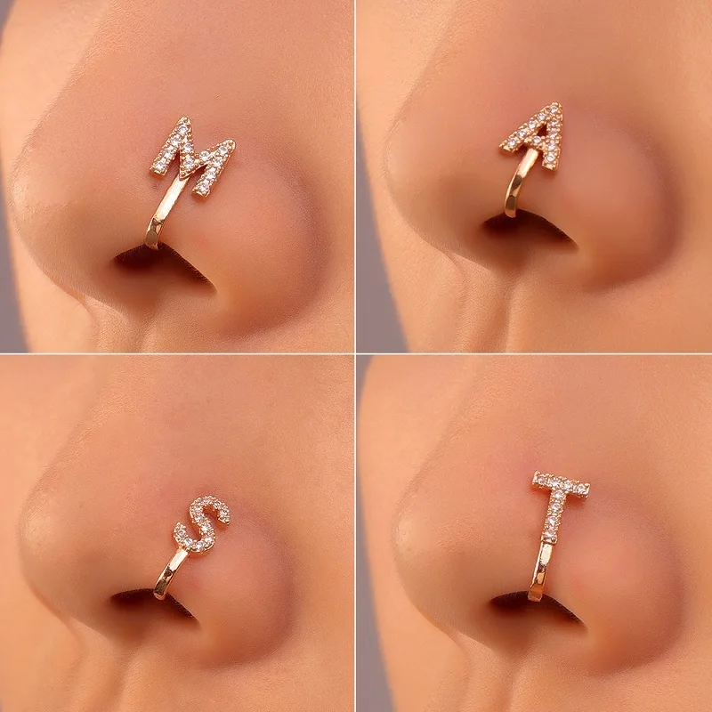 

New Trendy Letter Gold Color Crystal Non Piercing Nose Ring Clip On Fake Nose Cuffs Earring For Women Body Jewelry Hip Hop