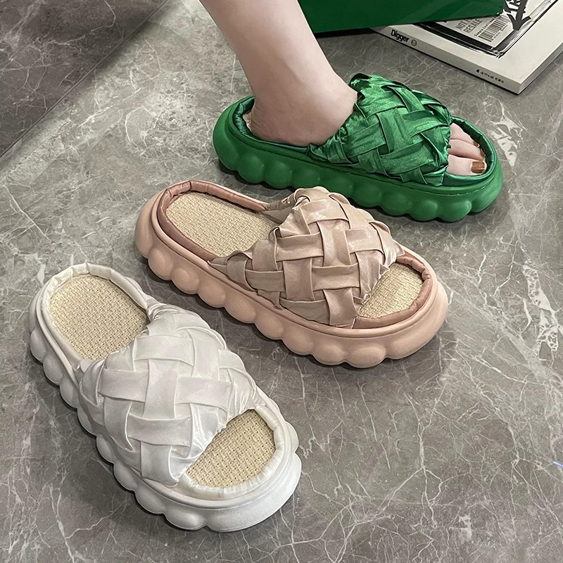 

Women Platfrom Slippers Breathable Flax Indoor Slipper Woman's Summer Slides Solid Color Satin Shoes Ladies Home House Slippers
