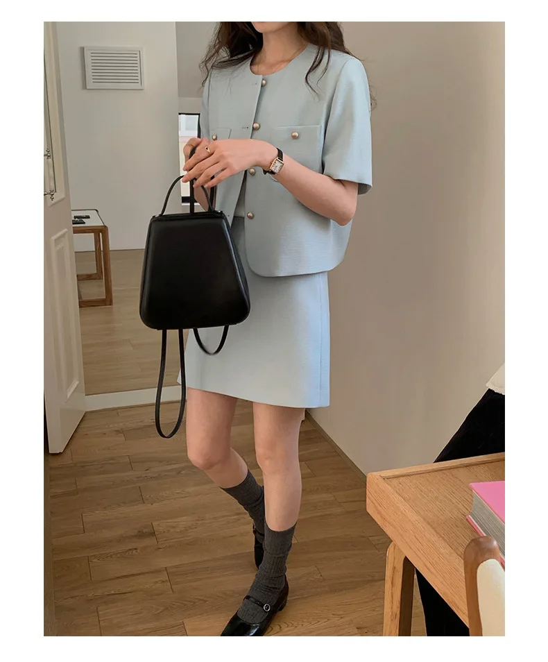 TG Short Sleeve Single breasted Small Fragrant Coat High Waist A-line Short Skirt Two Piece Set for Women 2023 Summer New 19330