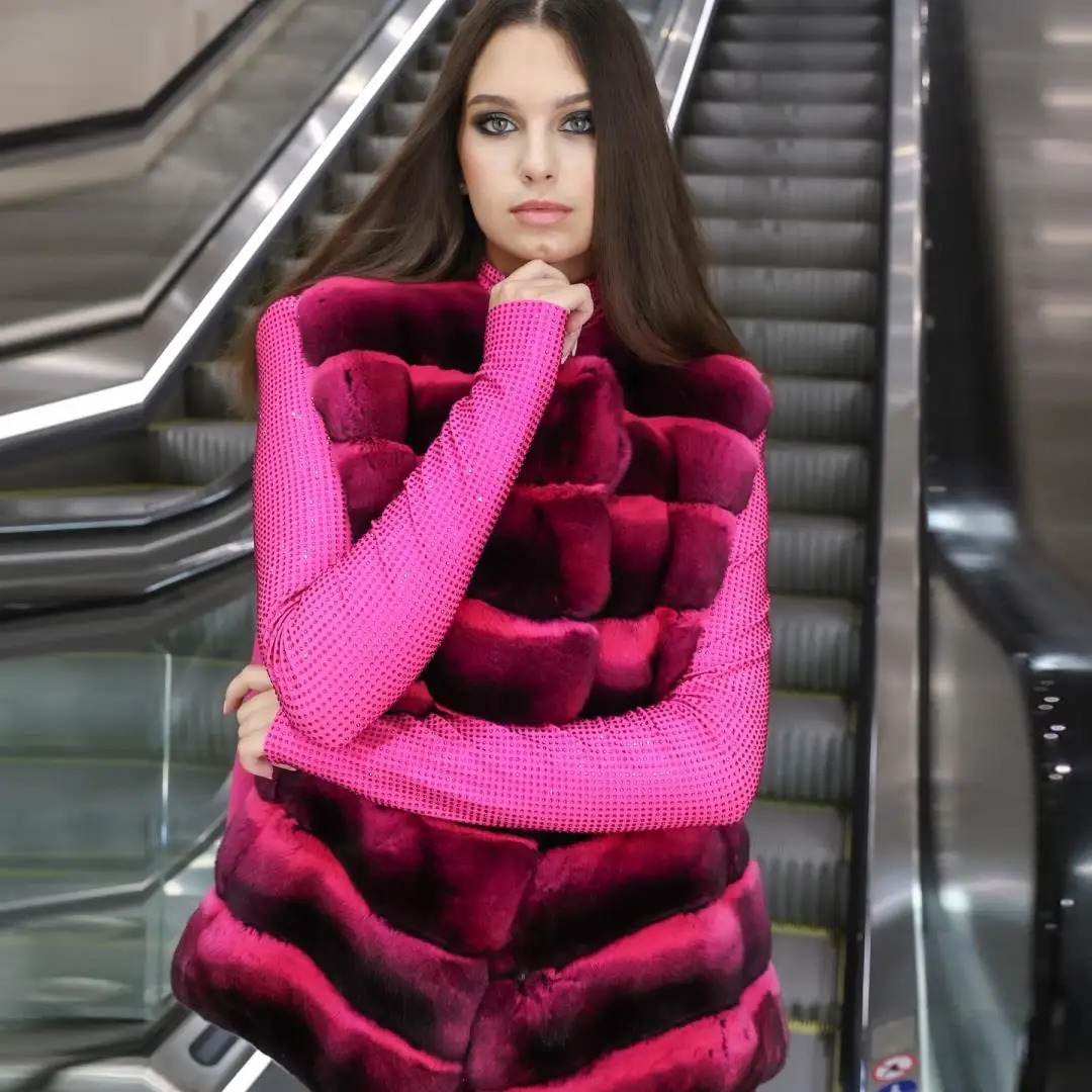 Новинка Модный женский жилет из шиншиллового меха натурального кролика Рекс