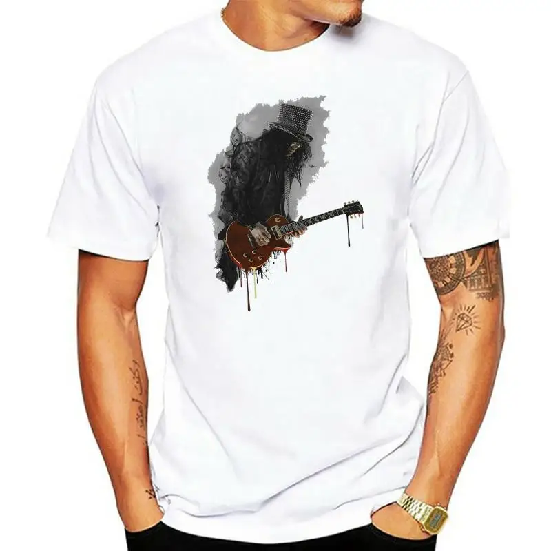 

Slash-Camiseta de манга corta para hombre, prenda de vestir, с изображением гитары, рок, краска, pistola, музыка, rosas, 100% a