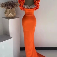 2022 prom dress mermaid puff sleeves mermaid formal party dresses long sweetheart luxury crystal orange satin evening dress