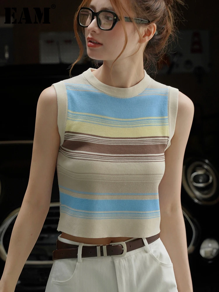 

[EAM] Women Blue Striped Knitting Tank Tops New Round Neck Sleeveless Personality Fashion Tide Spring Summer 2023 1DF9888