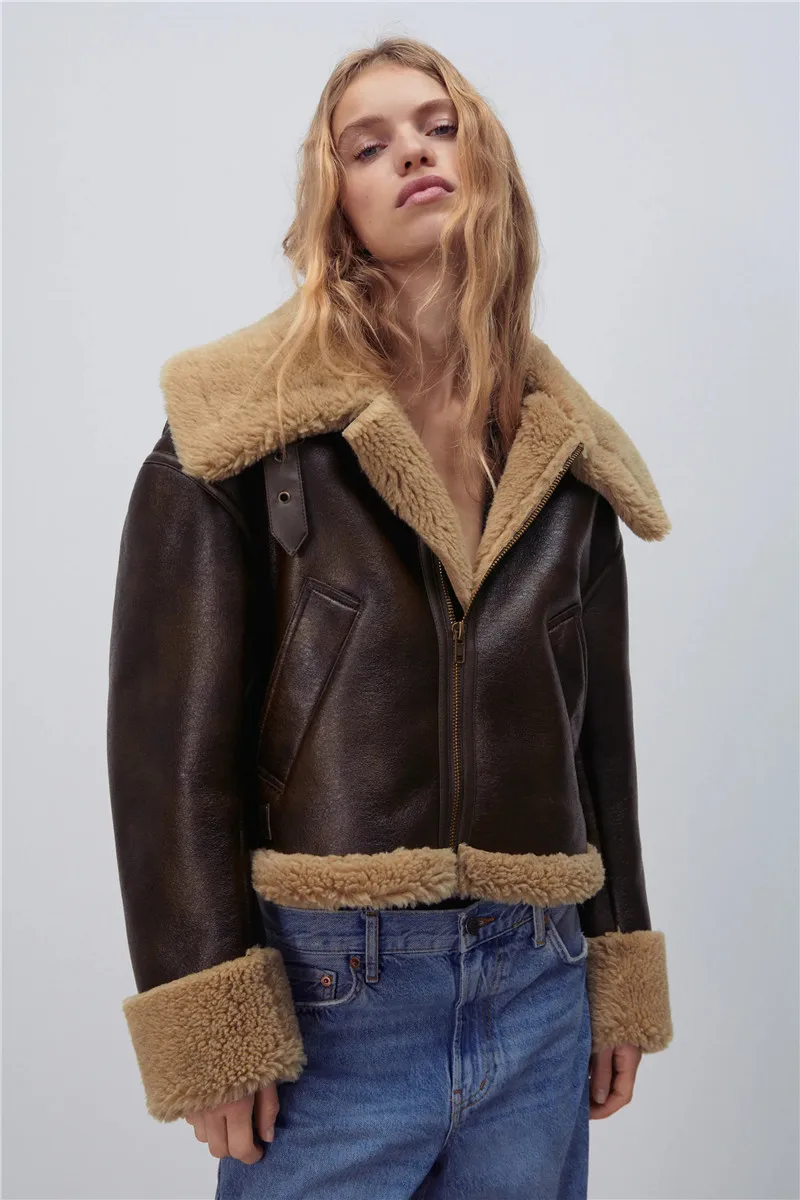 Leather Jacket 2022 Women's Winter Lambskin Faux Fur Effect Casual Loose Warm Jacket Cotton Jacket Chaqueta De Piel Sintética