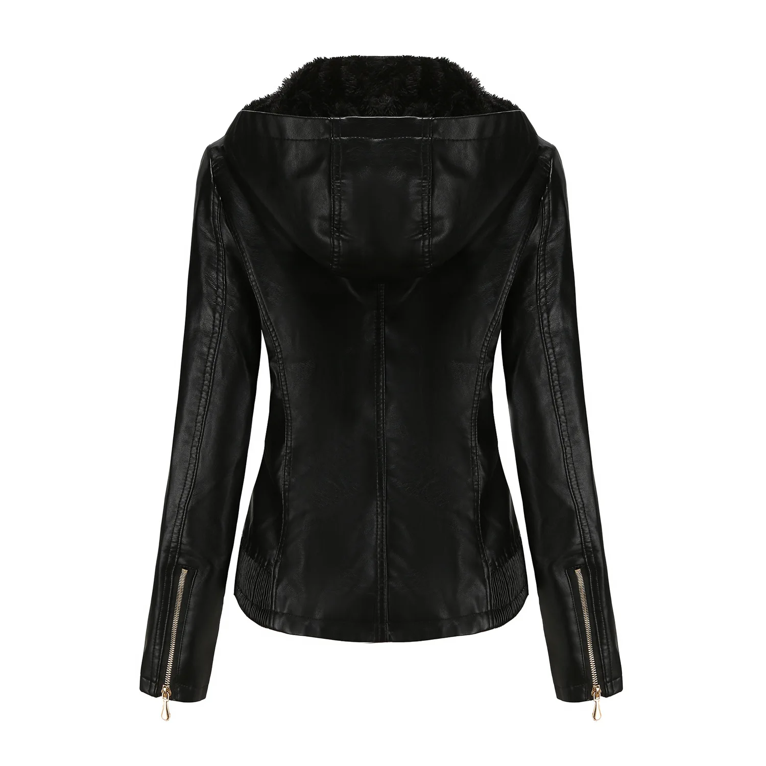 Women's Autumn and Winter Hooded Leather Jacket with Detachable Hood Zipper Long Sleeve Fleece Leather Jacket