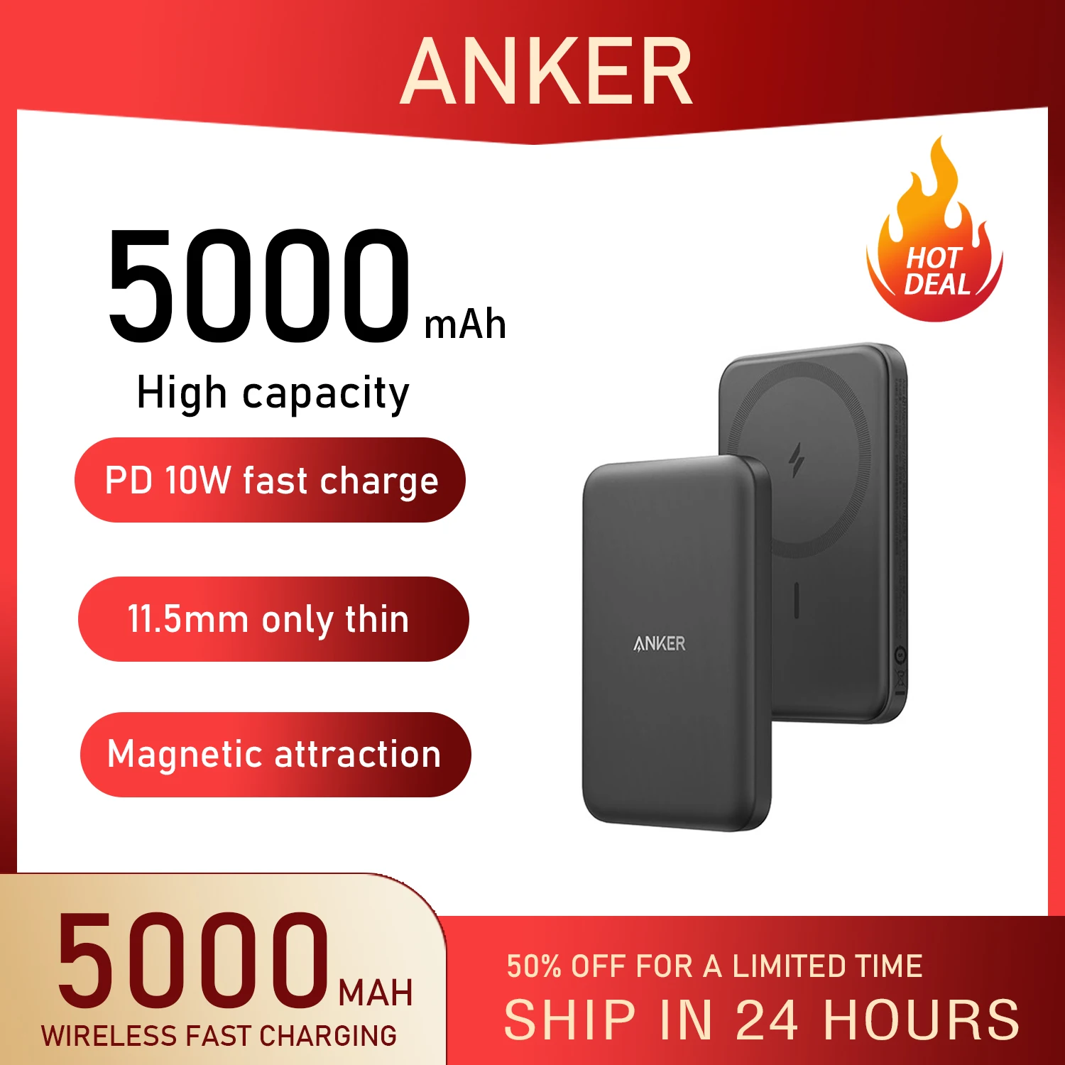 

Anker Magnetic External Battery Wireless Power Bank 5000mA Fast Charging Portable Slim Power Bank and USB-C for iPhone 13/12 Pro