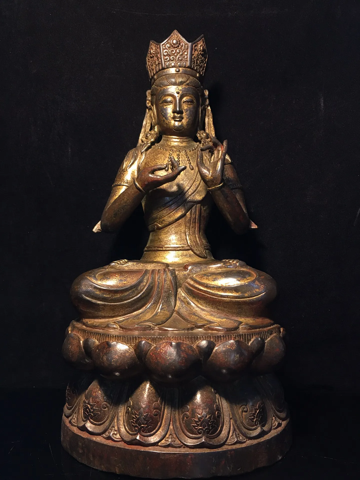 

15"Tibetan Temple Collection Old Bronze Cinnabar Muddy gold Guanyin Bodhisattva Buddha Lotus Platform Worship Hall Town House