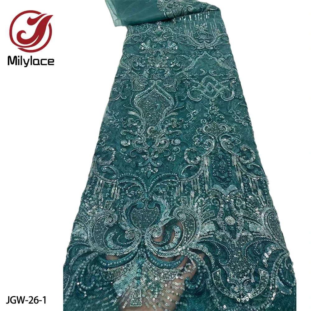 

French Hand Beaded Lace Fabric 2022 High Quality Sequins Lace Embroidery African Tulle Lace Fabric for Wedding Party JGW-26