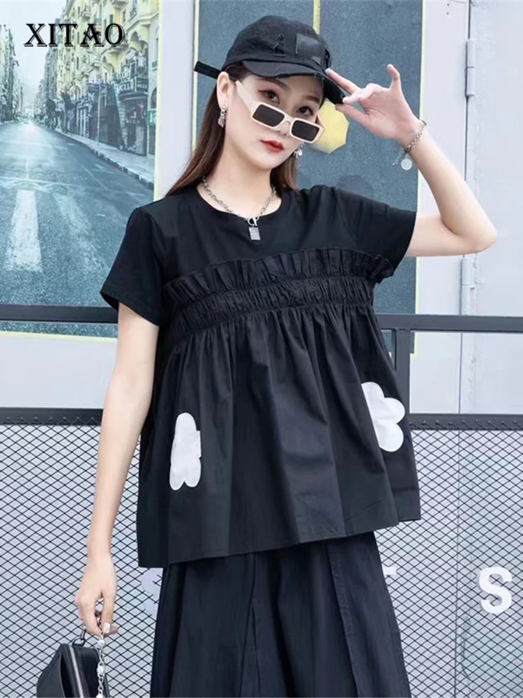 

XITAO Pleated T Shirt Fashion Women Pleated Floral Half Sleeve Goddess Fan Casual Style Pullover Summer Minority Tee WMD6857
