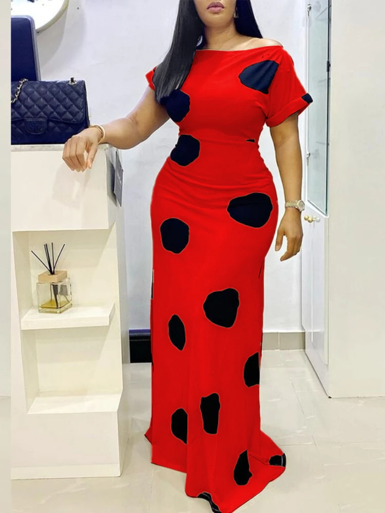 

Women Maxi Long Dresses Bare Shoulder Floor Length Cow Print Dress Large Size Curve Slim Fit Elegant Lady Party Evening Outfits