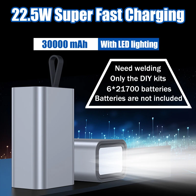 Фото DIY 6*21700 аккумулятор Power Bank комплект 30000 мАч светодиодный светильник для кемпинга PD/QC 22,5 Вт быстрая зарядка USB-C/микро вход алюминиевый корпус №1