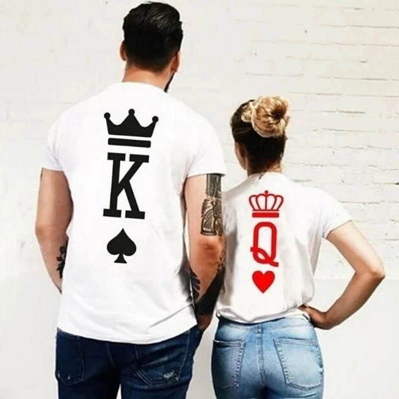 

King Queen Behind Printing Couples Tee Shirt Lover Summer casual Womens T-shirt Crown Print Couple Clothes Women Man Tops
