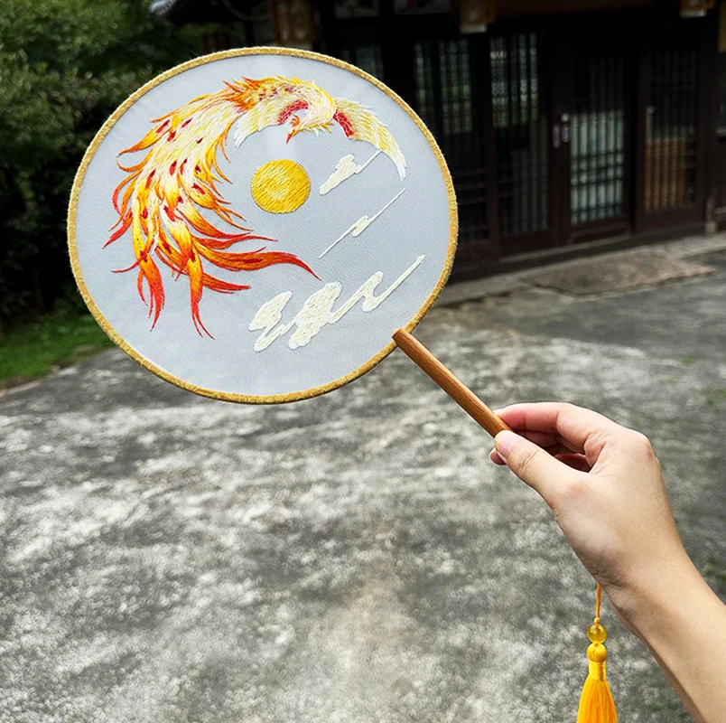 Веер с золотым Фениксом двусторонний круглый веер вышивкой Китайский дворец
