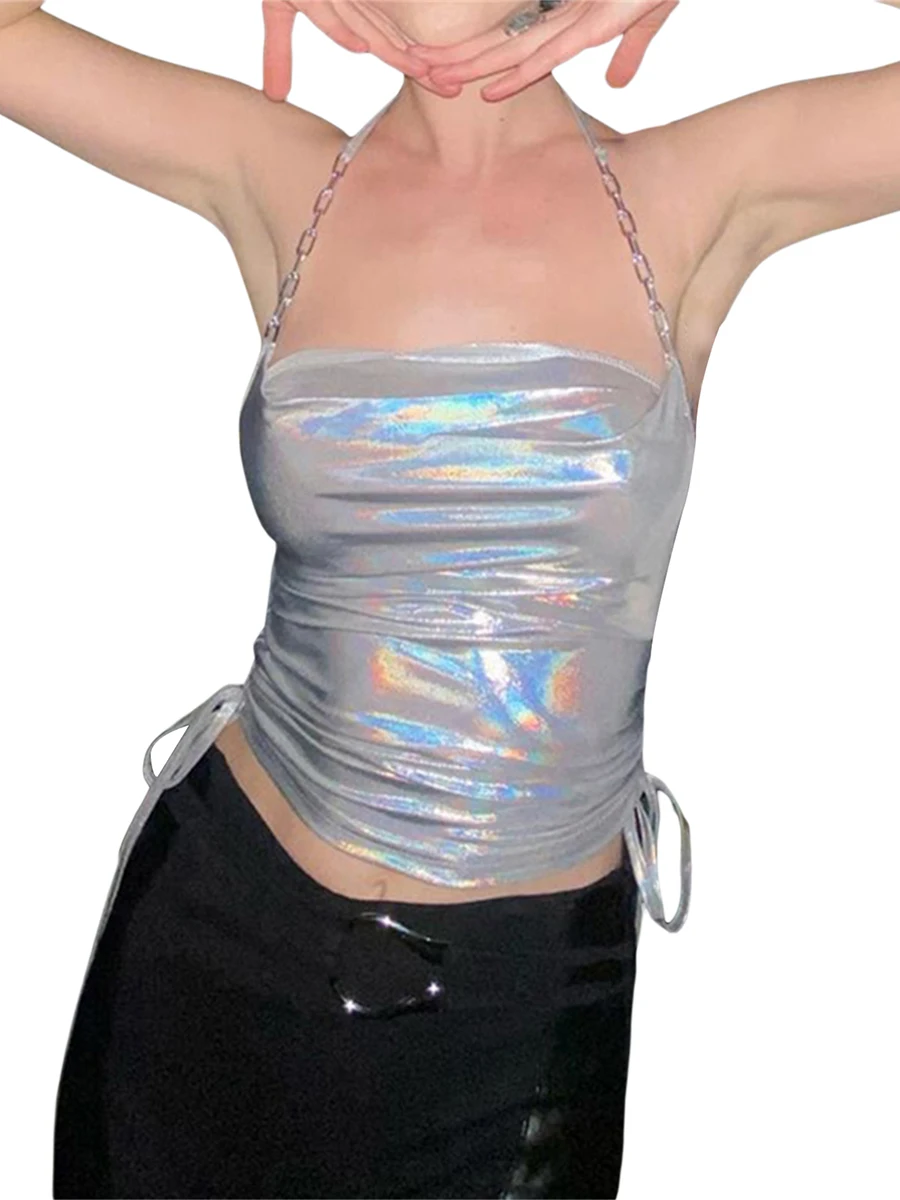 

Newest Arrival Women Halter Tank Tops Sleeveless Back Tie-Up Backless Drawstring Dazzle Chain Sling Vest Casual Simple Tops