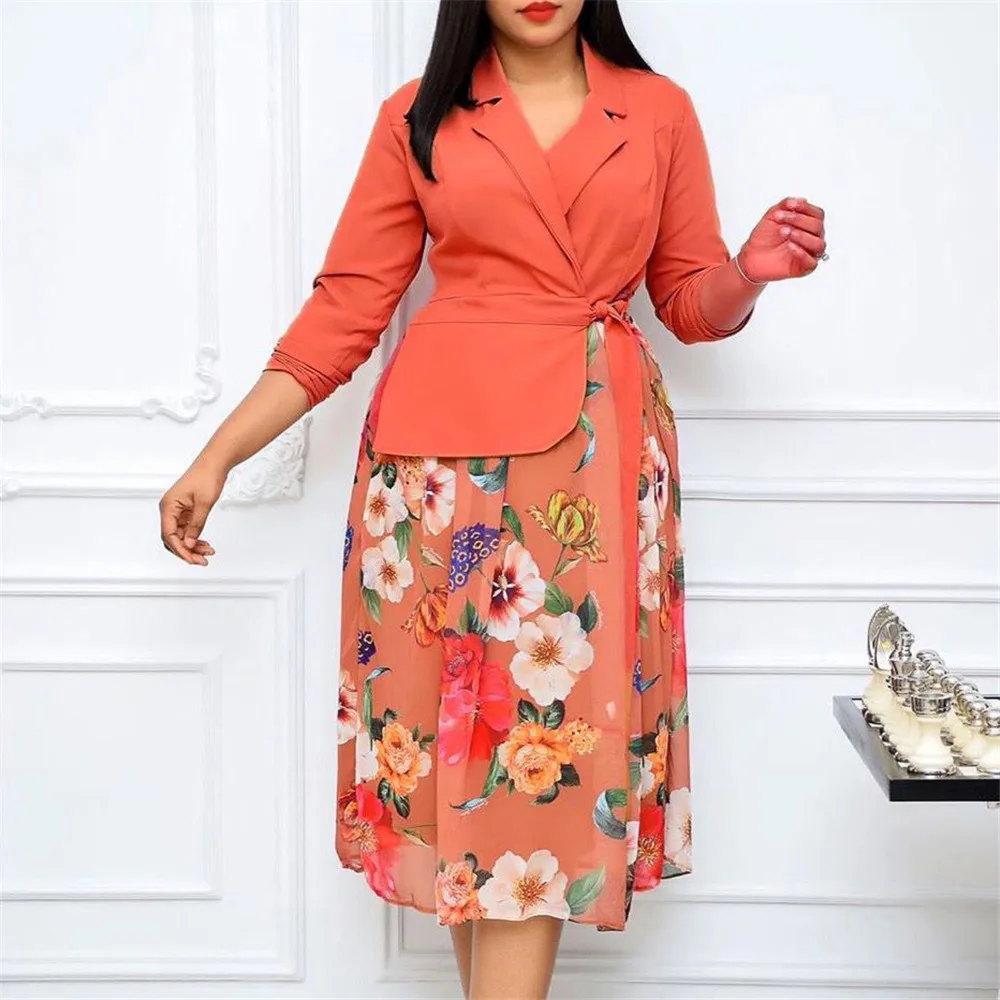 

Women's Dress Fashion Suit Stitching Chiffon Print Fake Two-piece Commuter Office Dress Autumn Spring New Fashion Long Sleeve
