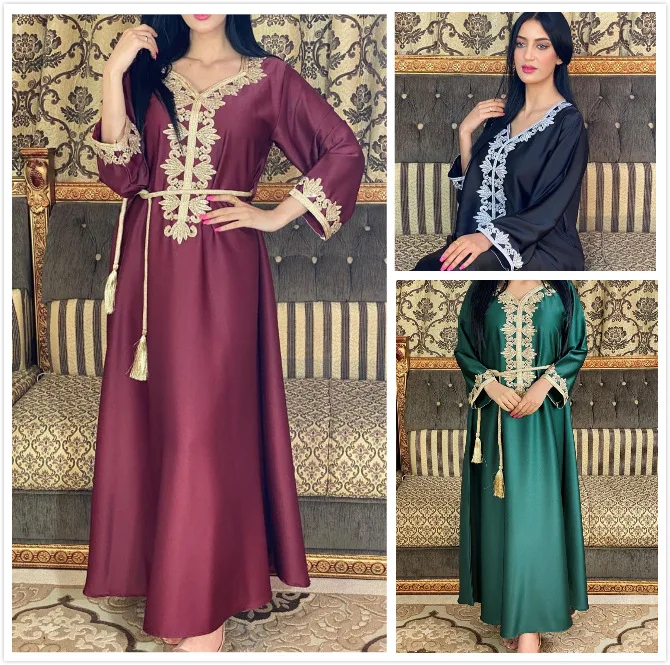 Djellaba Abaya Dubai Embroidered Gold Plated Jalabiya Dress Abaya Muslim Women's Evening Gown Gift Belt Muslim Maxi Dresses
