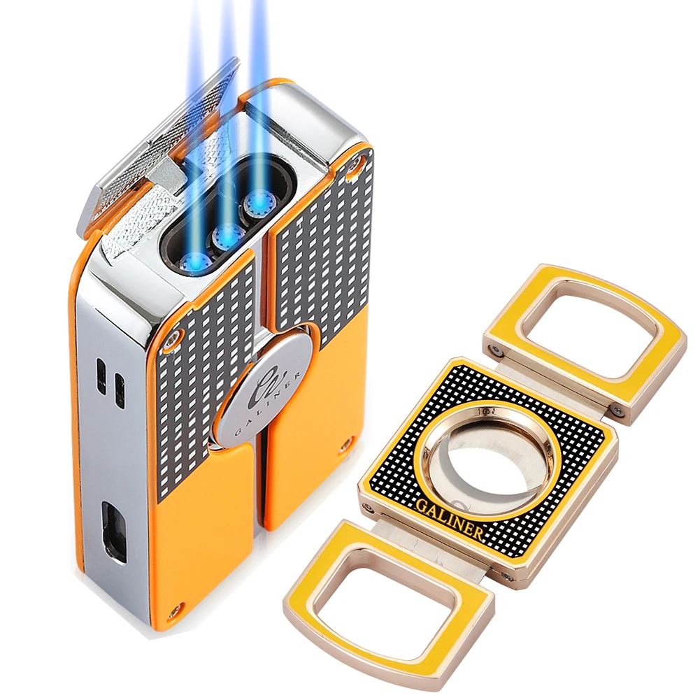 

GALINER Cigar Cutter Lighter Set New Clipper Smoking Accessories Puro Knife Cigar Guillotine Torch Lighter Charuto Windproof