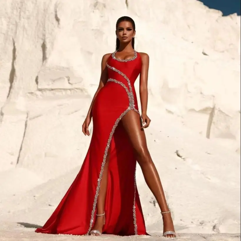 

Высокого качества, блестящие длинное платье без рукавов с бриллиантами, красное ковровое покрытие, женское вечернее платье, костюм для сцены