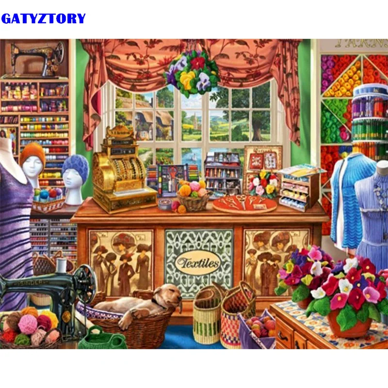 

GATYZTORY Picture By Numbers Flower Shop DIY Frame Wall Art HandPainted Paint By Number For Lake Living Room