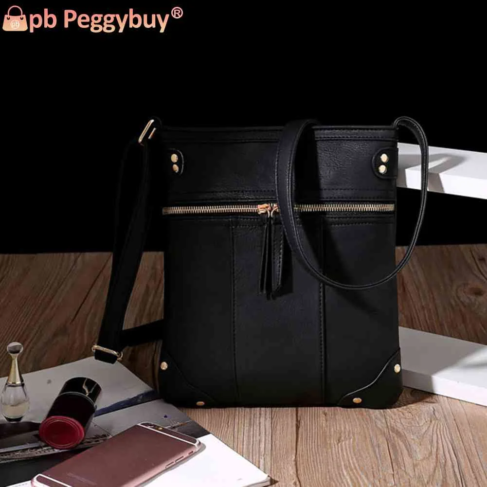 

Сумка через плечо из искусственной кожи, однотонный винтажный мессенджер на молнии с декоративными заклепками и несколькими карманами для ...