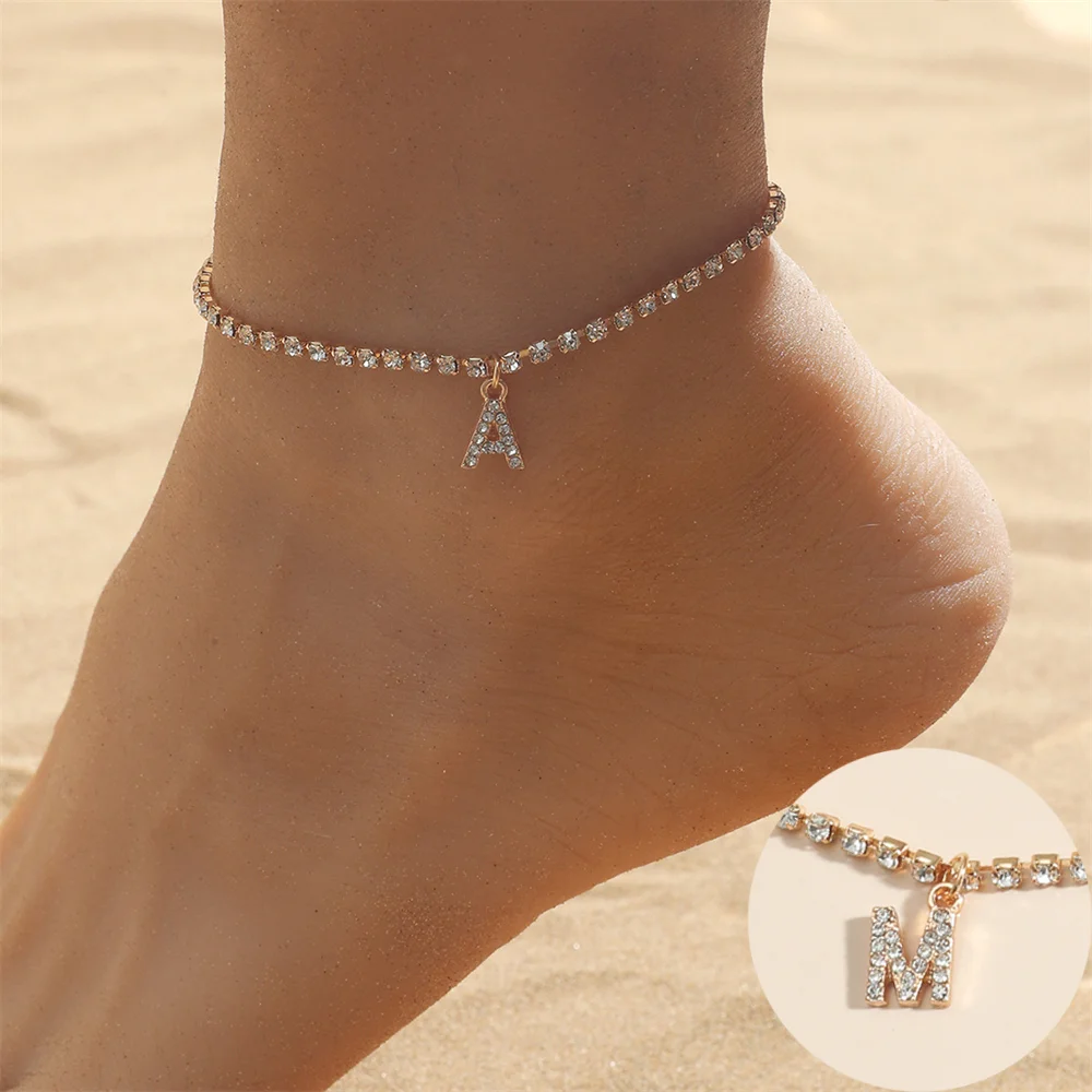 Crystal Zircon Initial Letter Ankle Bracelet Alphabet Anklets for Women Foot Chain Beach Leg Bracelets Boho Jewelry
