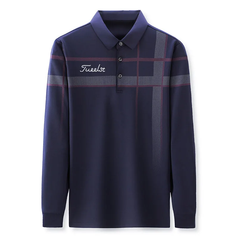 

American Brand Long Sleeve Men Golf T-shirt Stripe Polo Shirts Collar Basic Man Tee Shirt Polos Work Office Clothes Casual