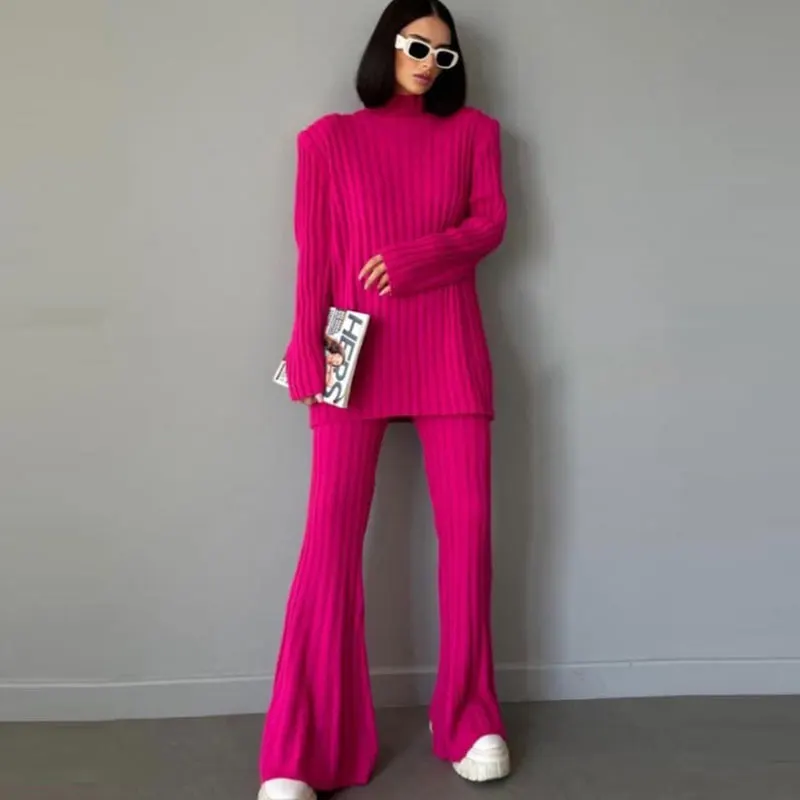 

Autumn/Winter High Neck Striped Knit Two Piece Women's Solid Loose Pullover High Waist Flared Pants Women's Set Elegant Dress