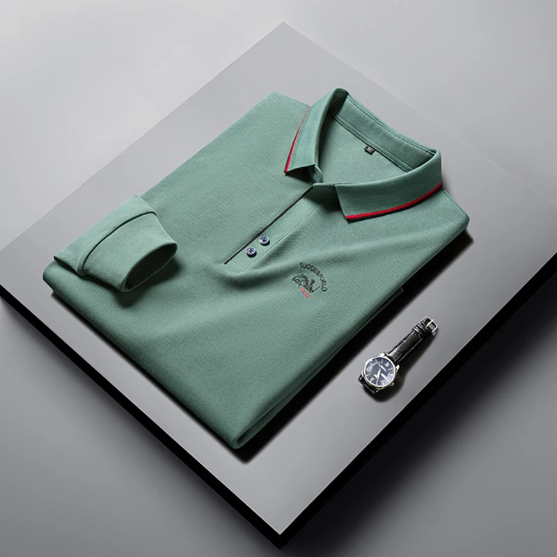 

Мужская однотонная деловая футболка-поло из 100% хлопка с длинным рукавом и вышивкой