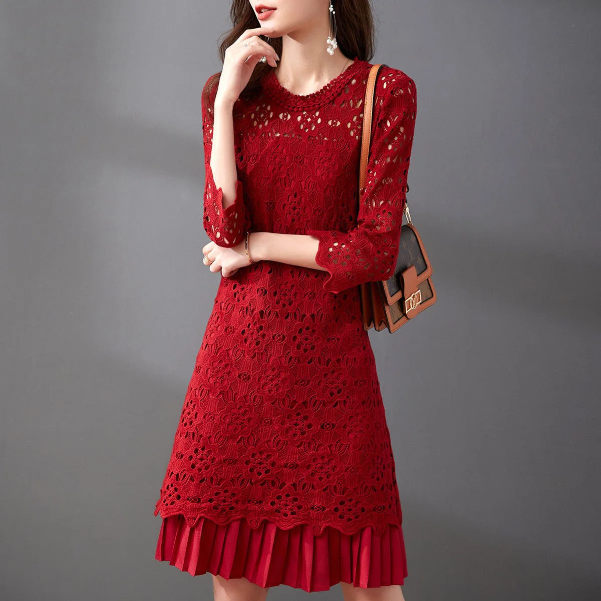 

Red Embroidery Lace Dress Women Elegant Hollow Out Dresses Chic Designer Long Slim Vestidos White Office Lady Boho Midi Clothes