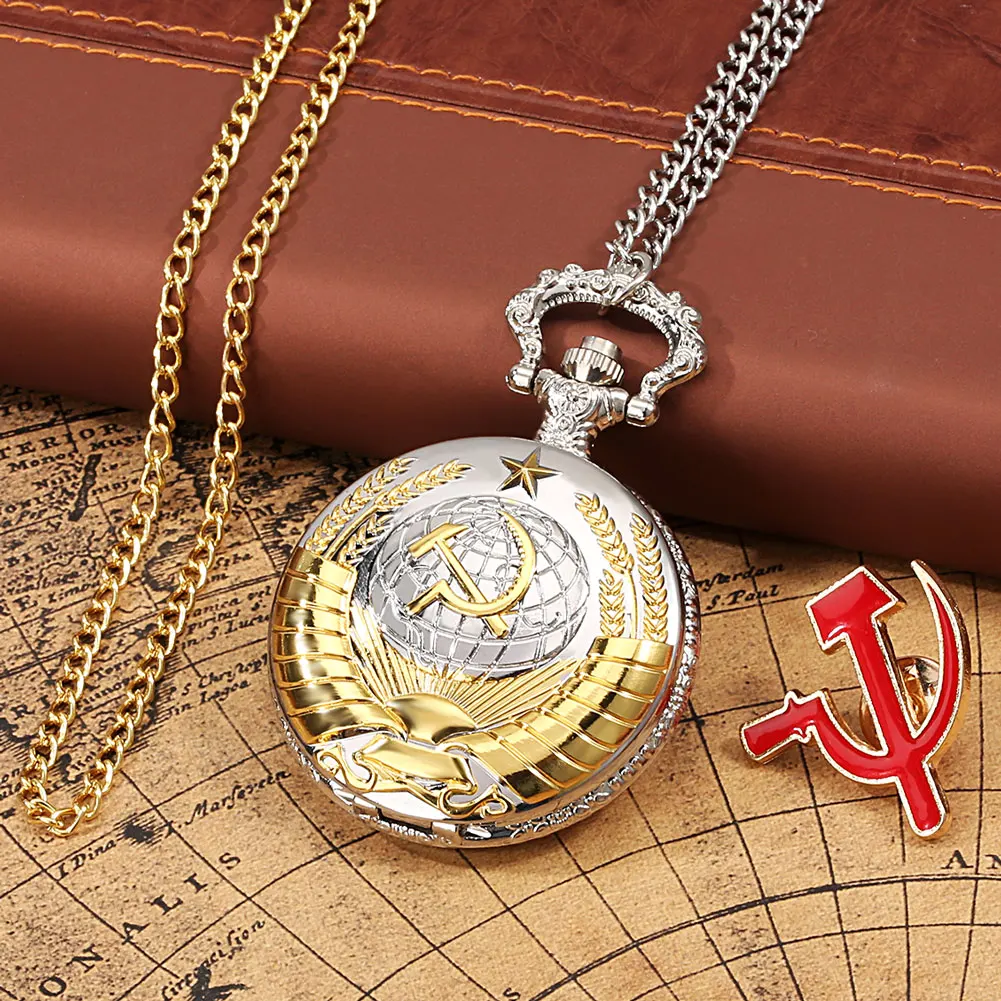 CCCP Quartz Pocket Watch for Men Ussr Badge Sickle and Hammer Pendant Necklace Luxury Gift Set for Male Memorial Collectibles