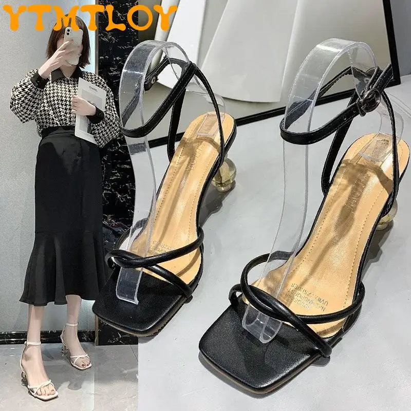 

One word buckle simple fashion sandals open toe tide 2021 summer new wild fairy style high-heeled sandals