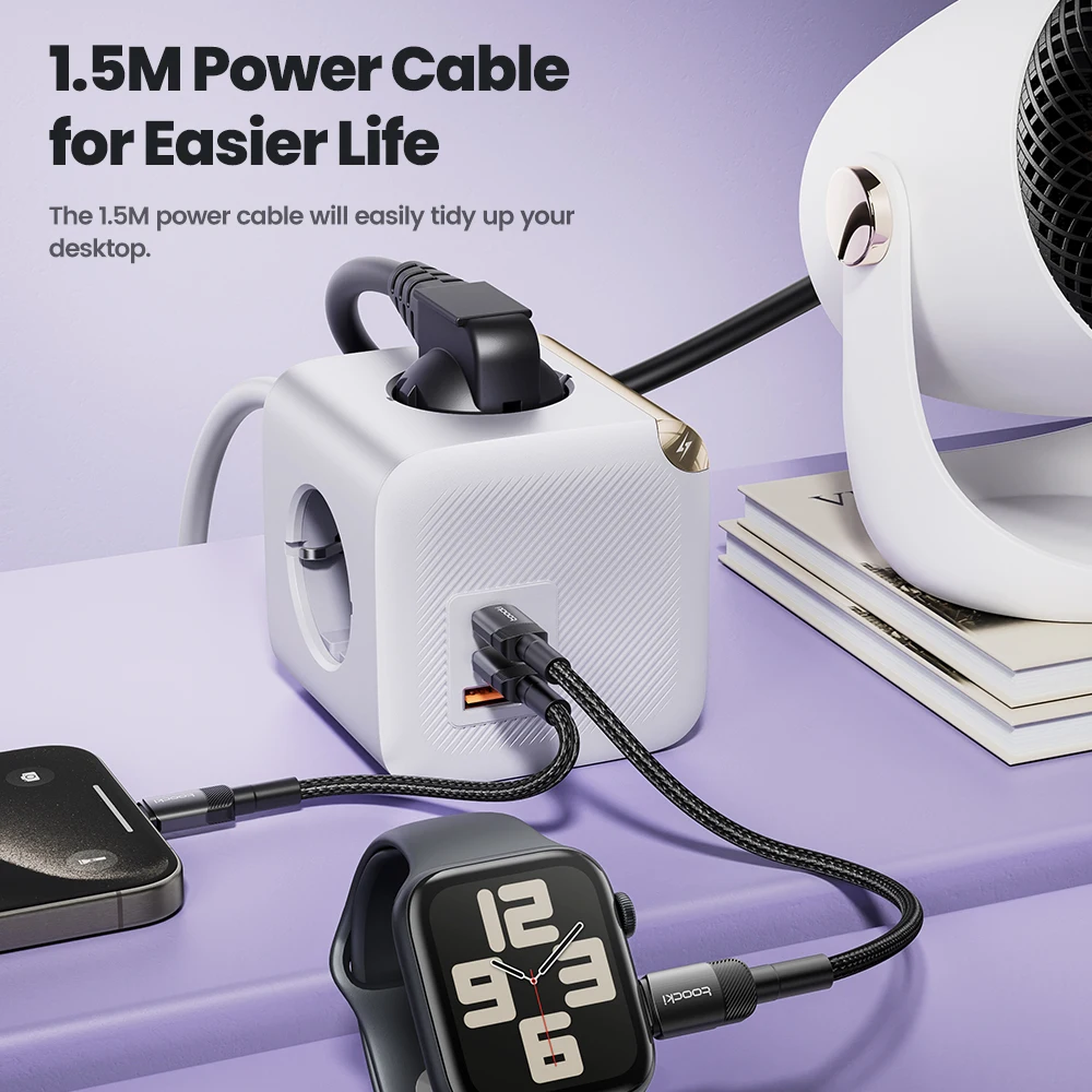 Фото Toocki C27/28A 33 Вт GaN Power Strip EU/KR 7 в 1 USB C Port 4000 Вт 4AC Розетка Настольная зарядная станция 1,5 м Кабель для телефона Планшета №2