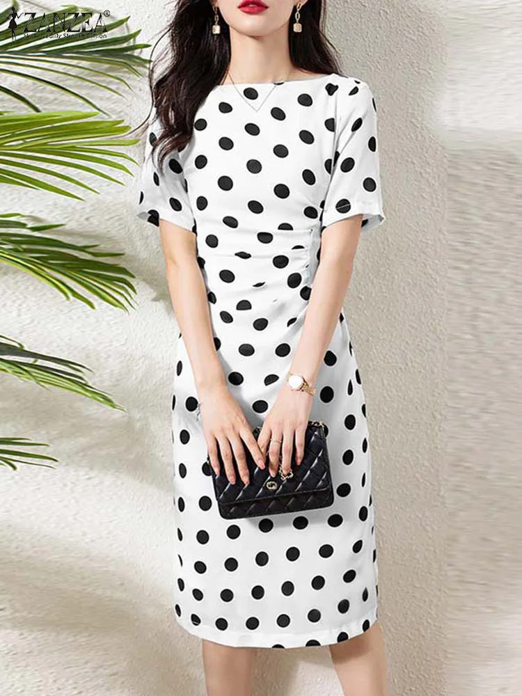 

ZANZEA Bohemian Knee-length Sundress Polka Dot Dress Women 2023 Summer O-neck Vintage Holiday Slim Pleated Casual Elegant Robe