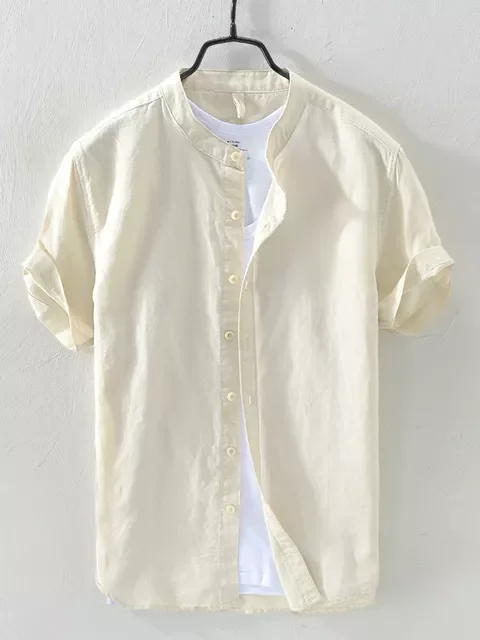 

NEW IN New Men's Summer Casual O-Neck Linen Shirts Male Solid Color Short Sleeve Cotton Linen Shirt Tops S-4XL