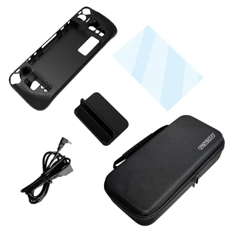 

Игровая консоль 5 в 1, набор с силиконовым чехлом, закаленная защитная пленка, кронштейн для хоста, зарядный кабель, сумка для хранения телефо...