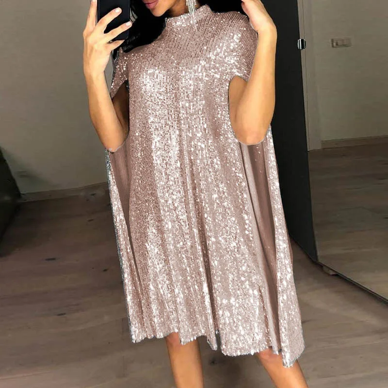 Women Fashion Sequins Short Dress Half High Collar Long Cape Sleeve Formal Party Evening Dress Bodycon  Dresses